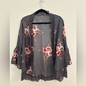 Gray Floral Crochet Trim Cardigan Size L
